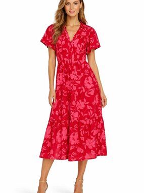 Umgee Midi Dress Size Small Short Sleeve Red Pink Floral Boho Summer NWT